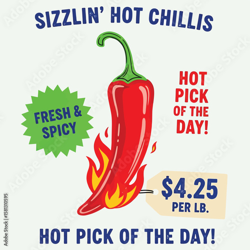 A graphic featuring a vibrant red chili pepper engulfed in flames, representing a hot and spicy culinary element, suitable for food branding or restaurant design projects.
