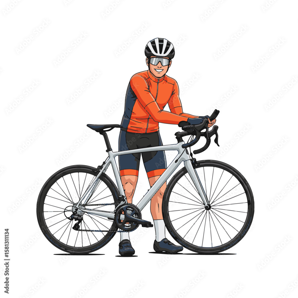 Obraz premium Male cyclist, wearing orange and blue gear, helmet, and sunglasses, stands with his road bike on a pure white background. Sport, fitness, and outdoor activity.