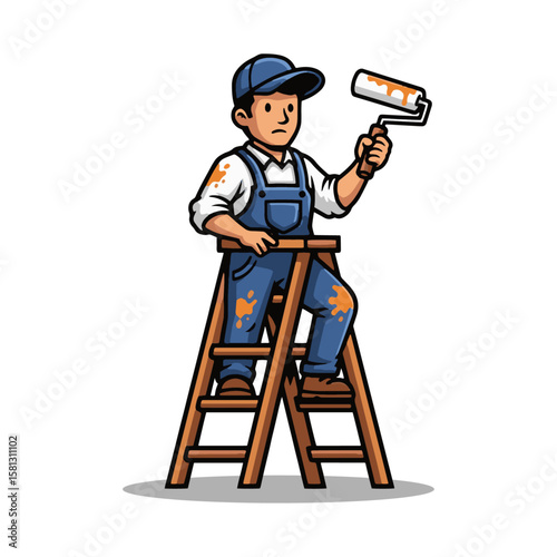 Professional painter mascot on a ladder, holding a paint roller with orange paint. Ideal for home renovation, building, and decorating services. Clean, vibrant artwork.