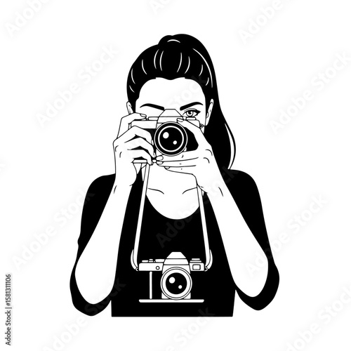 Monochrome illustration of a focused woman, ponytail, holding vintage camera. Capturing moments, artistic passion, second camera symbolizes dedication. Isolated on white.