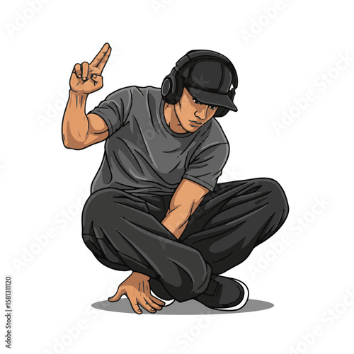 Dynamic vector illustration of a cool young man in a black baseball cap and headphones, squatting casually, displaying a peace sign for a relaxed vibe.