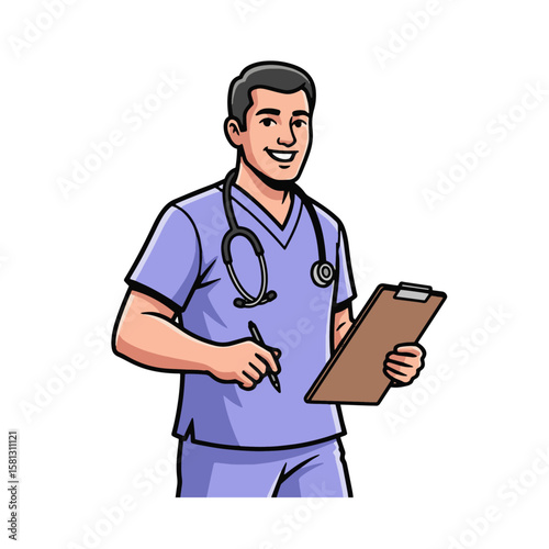 Smiling male doctor or nurse in light blue scrubs with a stethoscope, holding a clipboard and pen, ready to care for patients. Professional healthcare character illustration.