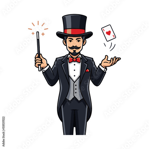 An illustration of a magician in a tuxedo and top hat in front post