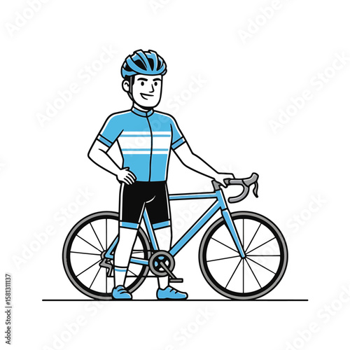 Smiling male cyclist in blue and white striped uniform and helmet standing confidently next to his light blue road bicycle. Ideal for health, fitness, sport, and active outdoor themes.