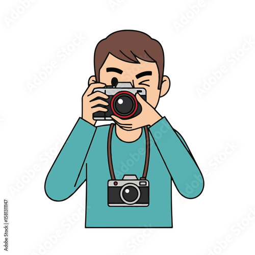 Cartoon illustration of a male character using a digital camera to take a photo, with a second camera around his neck. Represents photography, media, hobbies, and visual art.