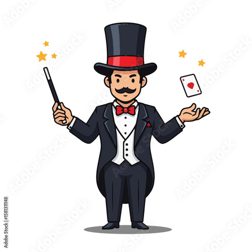 Cartoon magician in top hat and tuxedo performs magic trick, holding wand with stars and floating ace of hearts. Isolated character illustration.