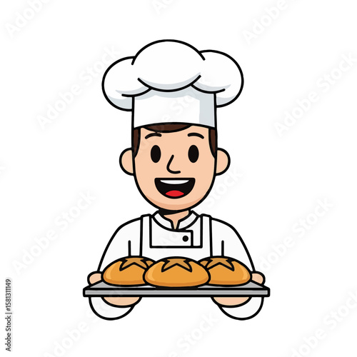 Smiling cartoon baker in chef's hat and uniform holds tray of three golden, freshly baked bread loaves. White background. Ideal for bakery, culinary and food service.
