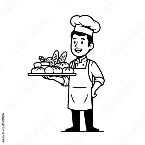 Stylized black and white illustration of a happy male baker in chef's hat and apron, proudly holding a tray filled with various fresh breads and rolls for display.