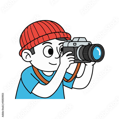 A cartoon illustration of a photographer with a camera hanging around the neck
