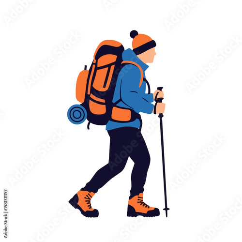Vibrant vector illustration portrays a male hiker with an orange backpack, blue jacket, and trekking poles. He embodies the outdoor adventure and journey.