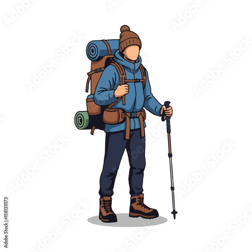 A determined male hiker, fully equipped with a large backpack, trekking pole, and warm attire, stands ready for adventure. Isolated vector illustration on white.