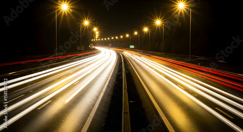 Illuminated highway at night with long exposure light trails creating dynamic streaks