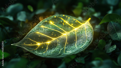 Glowing leaf with luminous veins resting on lush green foliage.