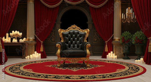 A luxurious throne room featuring a black and gold chair on a red carpet with candles and red curtains shofa