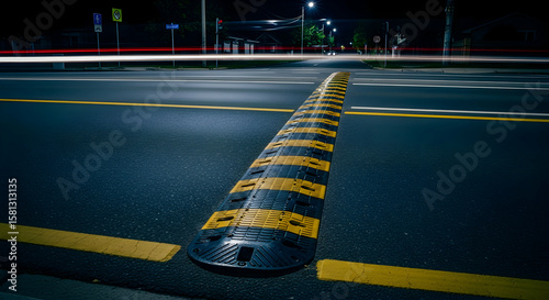 Night Road With Speed Bump And Streaks Of Light In Urban Area