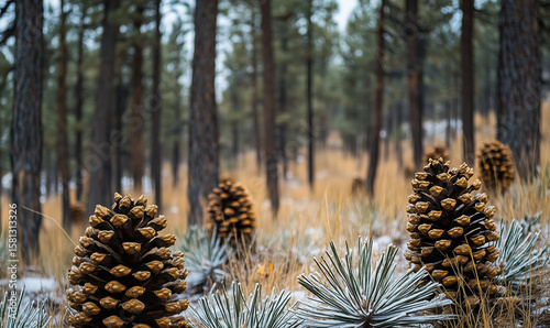 Pine cones in snowy forest setting with tall trees and grass.