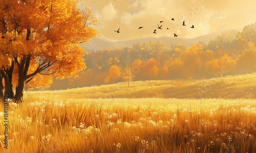 Golden autumn landscape with vibrant trees and flying birds in serene countryside.