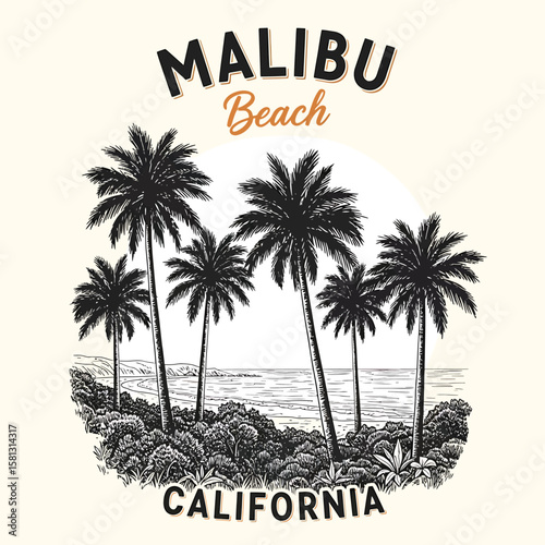 Palm trees, California shoreline, and vintage design elements are showcased, offering a glimpse of a classic beach scene suitable for apparel or graphic design projects.