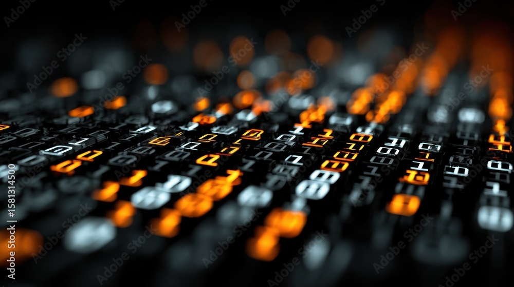 Fototapeta premium Illuminated digital code glows against a dark background, displaying a mixture of vibrant orange and white characters in various patterns. This visualization represents complex data.