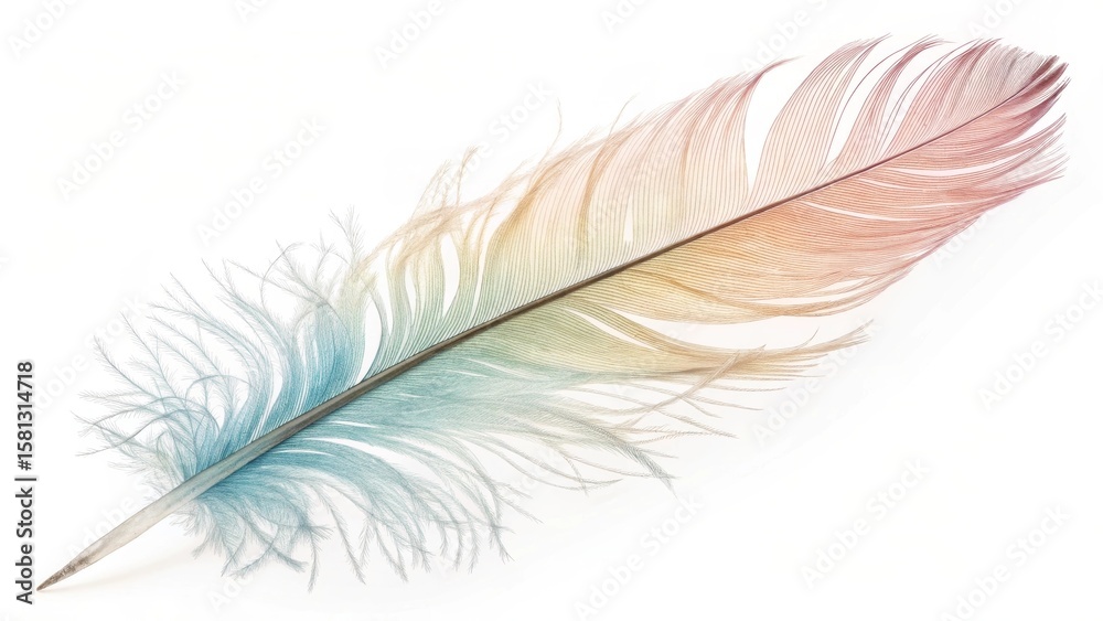 Fototapeta premium Elegant Feather Detail A Delicate Plume on White, Symbolizing Lightness and Grace, captured with High Resolution for artistic design and peaceful backgrounds