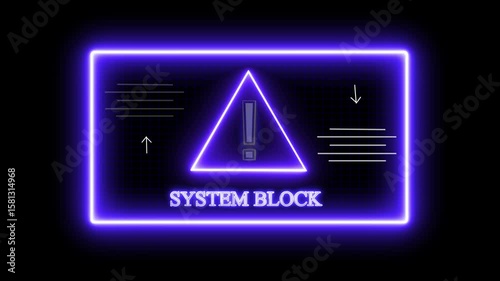 Glowing neon system block attempting to break into a digital animation system with a lock icon on the screen, and a warning message appearing as the system block the breach.computer code and dark cyb