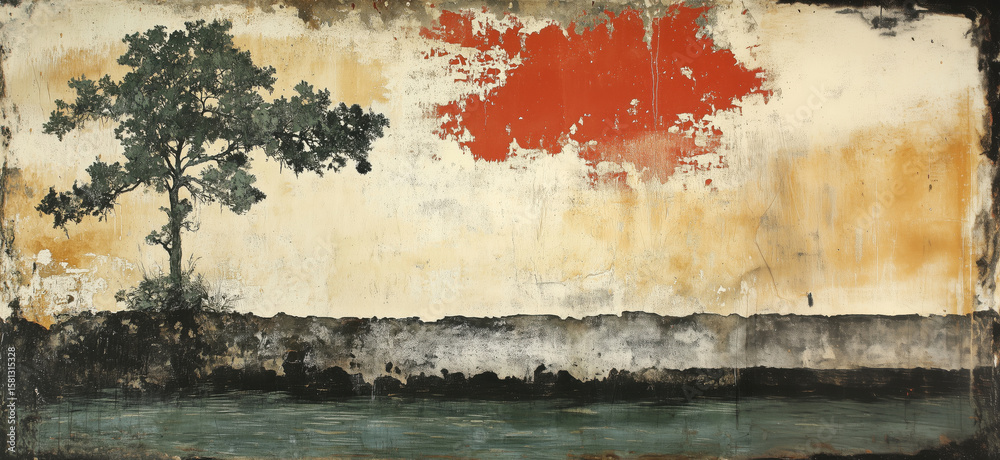 Fototapeta premium Lonely tree silhouette against textured background with red cloud and water reflection.