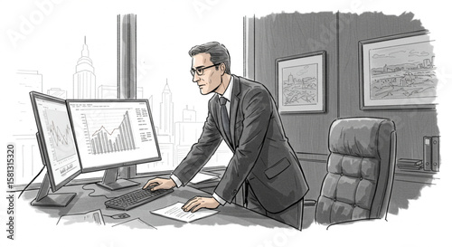 Professional businessman working at his desk with dual monitors, analyzing financial data charts in a modern city office illustration.
