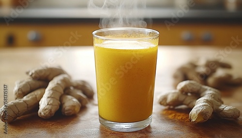 Warm Golden Spice Drink with Fresh Ginger Roots on Wooden Surface