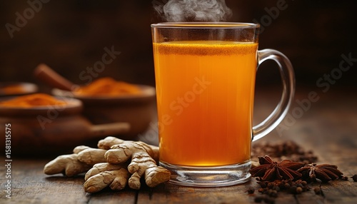 Warm Golden Turmeric Drink Steaming In Glass Mug On Wooden Table