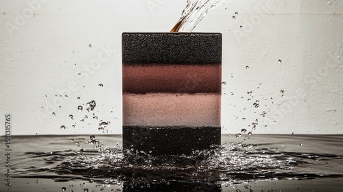 Water Splashing On Multi Layered Dark Brown And Black Textured Block
