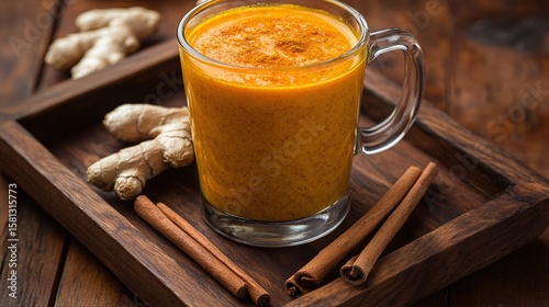 Warm Turmeric Beverage with Ginger and Cinnamon on Wooden Tray
