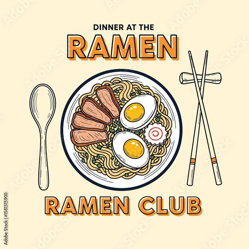 Delicious ramen bowl graphic showcases Japanese noodles with eggs, pork slices, chopsticks, and a spoon for culinary designs and food related themes or restaurant menus.