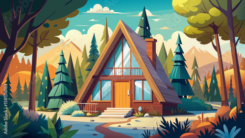 Cozy A frame cabin nestled in forest showcasing wooden exterior and large windows. Very beautiful