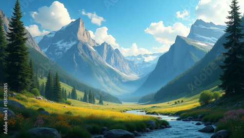 Stunning Majestic Mountain Landscape with Snow-Capped Peaks and Clear Blue Sky in Scenic Wilderness

