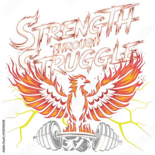 Phoenix Rising: A dynamic vector illustration of a phoenix, wings ablaze, lifting a barbell, symbolizing strength through struggle.