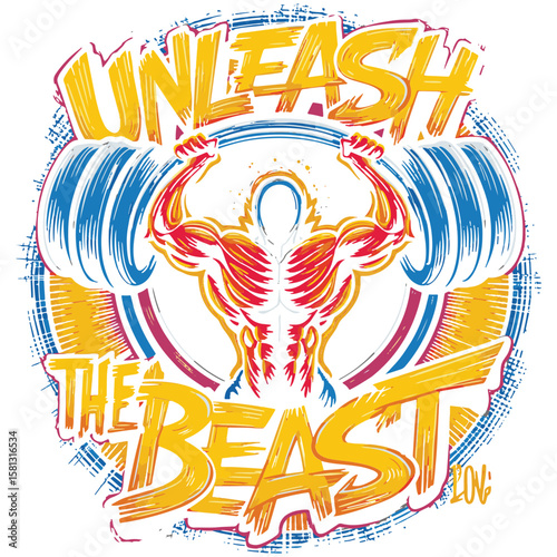 Unleash the beast: A vibrant illustration embodies power and dedication in fitness, portraying a silhouette flexing with determination alongside a barbell, perfect for motivating workouts.