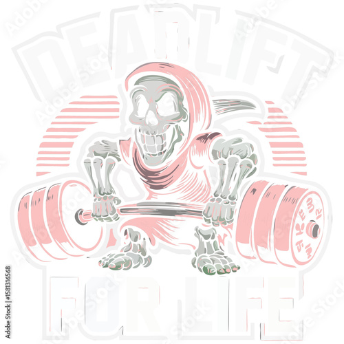 Deadlift for Life: A skeletal figure, cloaked in a hoodie, embodies the strength and determination of weightlifting, embracing the heavy barbell with focused resolve. 