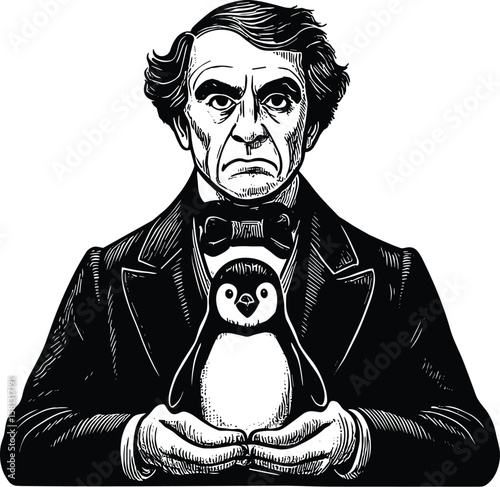 Victorian gentleman in a top hat holding a surprised penguin vector black silhouette print design