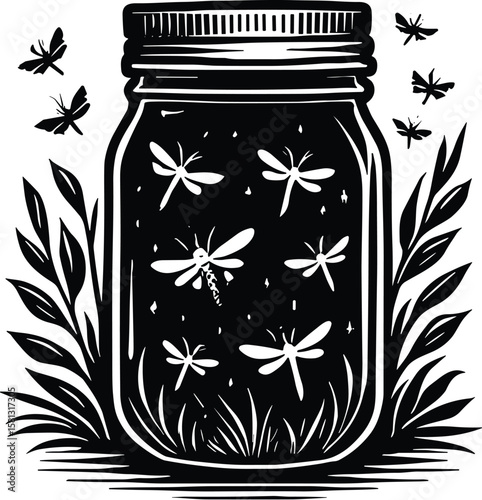 Glowing fireflies inside a mason jar surrounded by leaves with stars twinkling in the night sky vector black silhouette print design