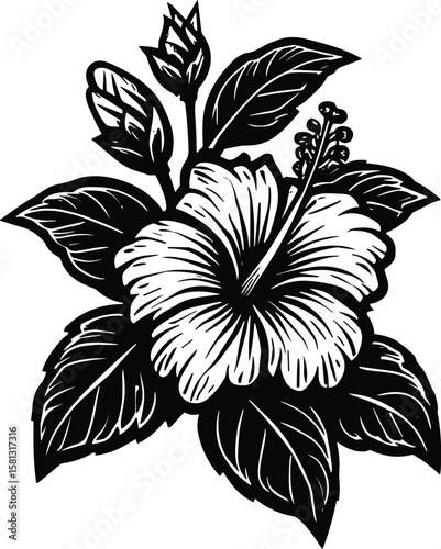 Hibiscus flowers and leaves vector black silhouette print design