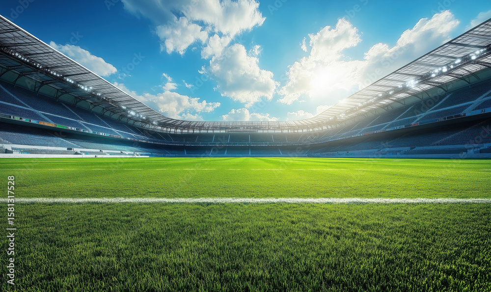 Fototapeta premium Vibrant green soccer field under bright blue sky in modern stadium.
