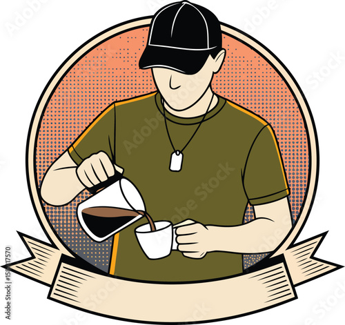 Brewing Excellence Aromatic Coffee Pouring Illustration with Banner for Text, Cafe Culture, and Coffee Shop Branding Design