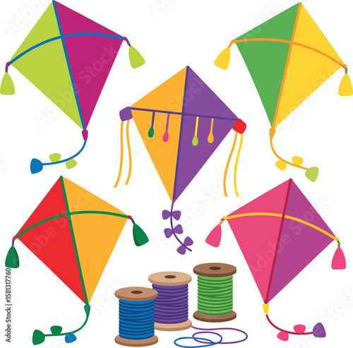 Colorful Kites with Spools of Thread on Transparent Background for Childhood, Play, and Outdoor Activity Designs