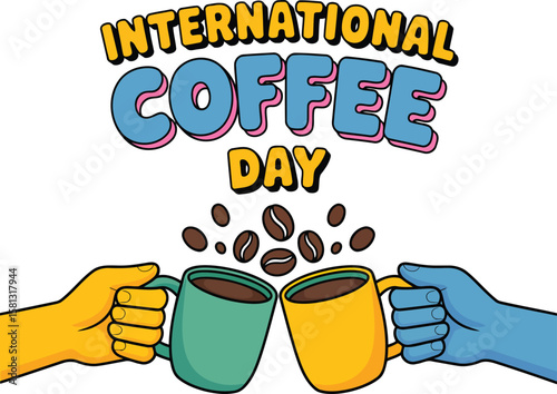 International Coffee Day Design with Hands Holding Coffee Mugs and Beans on Transparent Background for Promotions