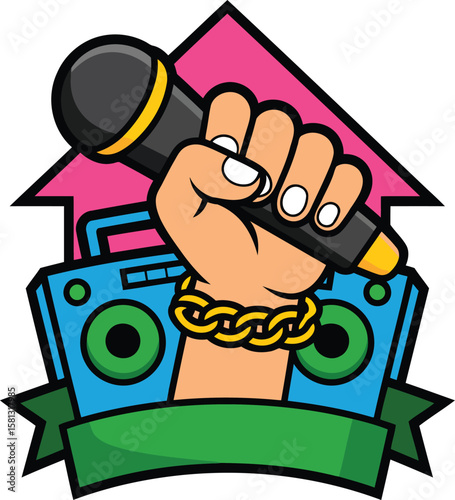 Microphone in Hand with Boombox Vector Illustration for Hip Hop Culture and Music Event Design with Blank Banner