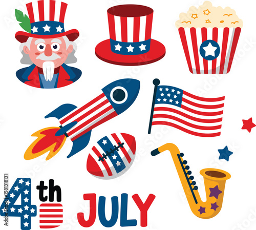 Patriotic 4th of July Elements Collection Uncle Sam Hat Popcorn Rocket American Flag Football Saxophone Stars Isolated on Transparent