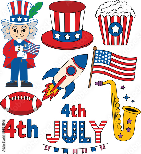 Patriotic 4th of July Elements Collection Uncle Sam Flag Hat Popcorn Rocket American Flag Football Saxophone Stars Isolated on Transparent