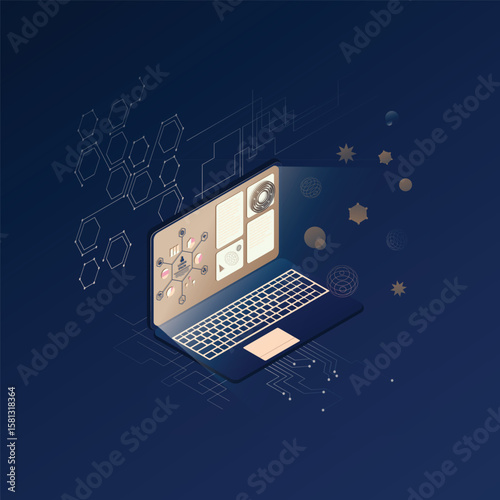 Isometric Laptop with UI and HUD – Blue and Brown Tones Vector Illustration