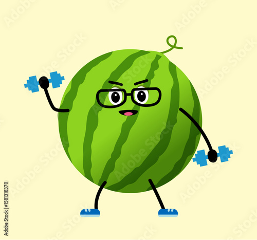 A cute, strong watermelon. The concept of classes in the gym with the image of watermelon,