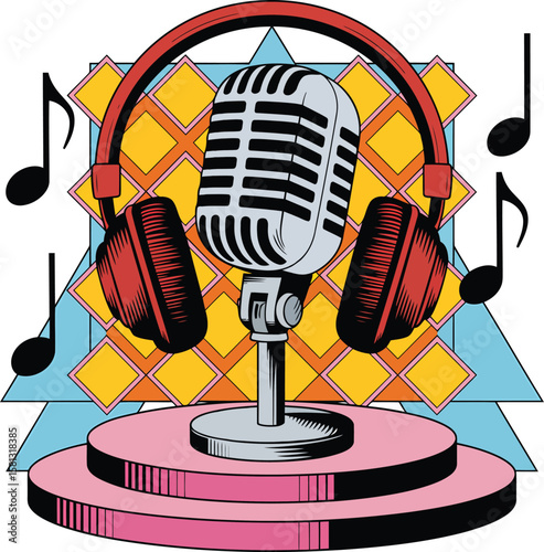 Retro Microphone and Headphones Vector Illustration for Podcast Studio and Audio Recording Design with Notes